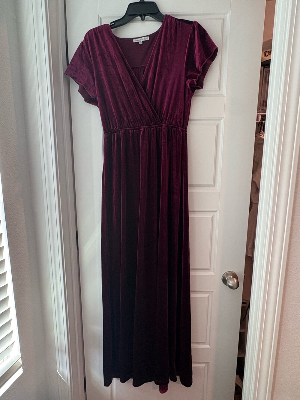 Maternity Elegant Wrap Velvet Maxi Dress in Burgundy